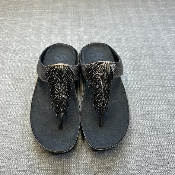 FitFlop Sandals Womens Size 9 Black Beaded Thong Slip On Comfort 336-289‎ Shoes - Picture 1 of 7